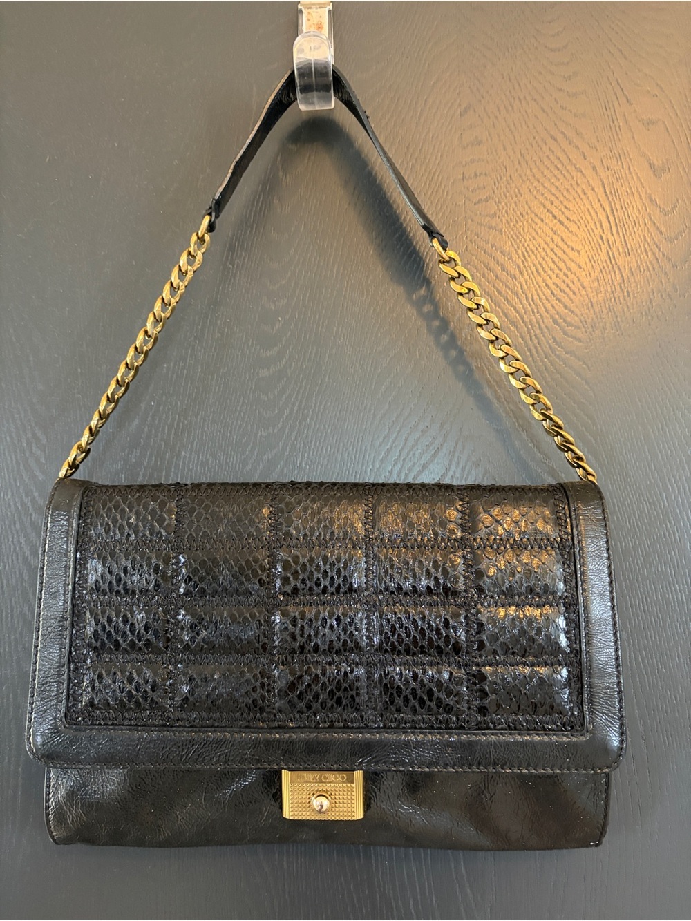 Jimmy Choo Cassie Black Python-Textured Shoulder Bag with Gold Chain